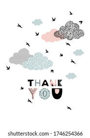 Postal con aves voladoras y nubes