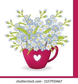 Postcard with Forget me not flowers in pink cup. Design for greeting card, posters. 