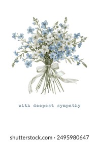 A postcard with forget-me-nots, white and blue wildflowers, a bouquet with a bow, an inscription with the deepest sympathy. Watercolor elegant card