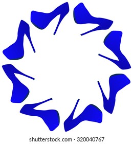 Postcard in the form of a Circle from blue trendy platform shoes and high heels. All isolated.