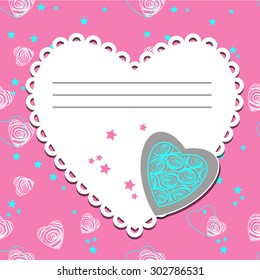 postcard in the form of hearts, pink background with white hearts,blue hearts