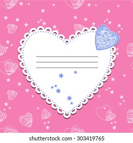 postcard in the form of hearts, pink background with white heart. Valentines day. Valentine background. Valentine card. Valentine heart. Happy Valentine`s day abstract. Vector illustration.