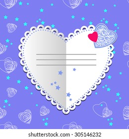 postcard in the form of hearts. violet background with white hearts and  blue stars. Valentines day. Valentine background. Valentine card. Valentine heart. Happy Valentine`s day abstract. 