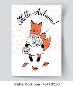 Postcard with Fox and hand lettering "Hello autumn!".  Hand-drawn illustration. Vector.