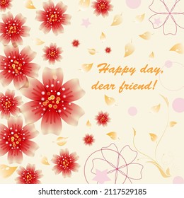 A postcard frame and abstract bright gradient red flowers   yellow leaves beige background and text