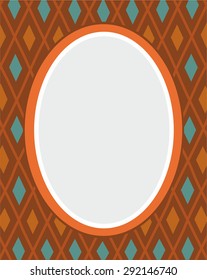 Postcard, frame, brown, rhombuses, geometry, color, flat. On a brown background, colored diamonds, thin strips and oval for the text. Geometric, abstract, postcard, frame, retro. 
