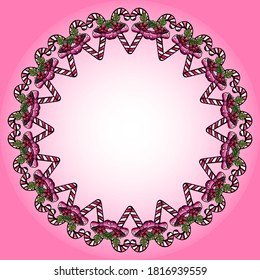 Postcard frame with lollipop, pink background, cartoon style, pink background, cane, bow, mistletoe, wreath, circle, New Year, frame, postcard, greeting banner, love, Valentine's day, text space, area
