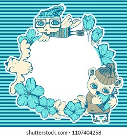 Postcard frame Lovely Hipster Bear, Party person Bird in hat, Smart Nestling with glasses and flowers. Place for your text. Delicate colors, craft paper. Hand drawn vector stock illustration. 