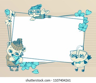 Postcard frame Lovely Hipster Bear, Party person Bird in hat, Smart Nestling with glasses and flowers. Place for your text. Delicate colors, craft paper. Hand drawn vector stock illustration. 