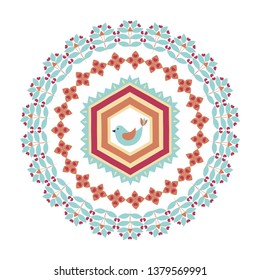 Postcard, frame, pattern, birds, abstract floral elements, geometric pattern, scandinavian style, white background, vector illustration