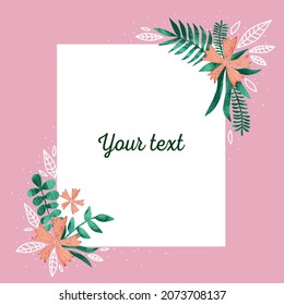 Postal. El marco es rosa vintage cuadrado con flores de acuarela naranja con texto. La tarjeta. Cartel