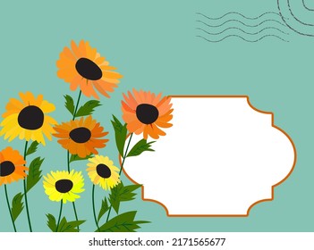 Postal con espacio libre para texto. Camomiles y marco. Ilustración vectorial.
