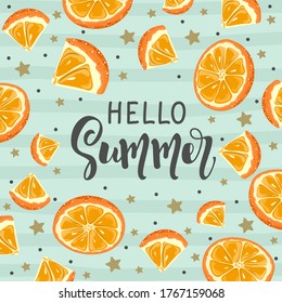 Postcard with Fresh Orange, tropical leaves, flowers, slices and geometry. Hand calligraphy "Hello Summer". Label, banner advertising element.
Vector illustration. Printing on fabric, paper, postcards
