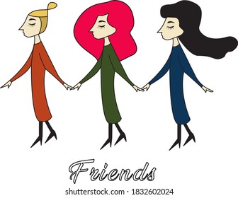 Postcard "Friends" depicting the figures of three different girls