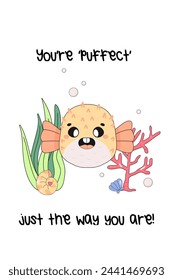 Postcard of friendship, support, with cute sea character, fugu fish. vector illustration