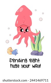 Postcard of friendship, support, with cute sea character,octopus, cuttlefish. vector illustration