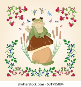 Postcard with a frog and a frame of berries