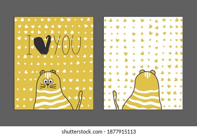 Postcard With Front And Back Side. Vector Illustration With A Cute Cartoon Cat And The Phrase I Love You. Great For A Valentine's Day Greeting Card.