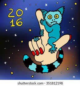 Postcard with Frozen blue Lemur sitting on hand. Merry Christmas and Happy New 2016 Year colorful cartoon vector illustration on blue winter background.