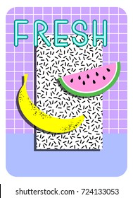 Postcard with fruits and neon lamps in the style of the 80's. Memphis style print, geometric lines and shapes. Billet for cards, invitations, flyer, poster. Vector illustration EPS 10
