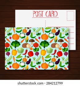 Postcard with fruits and vegetables. Colorful theme for your design