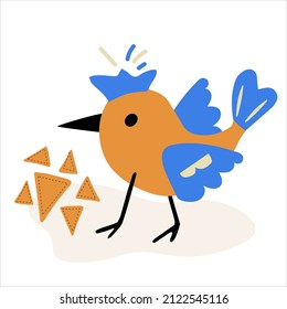 Postcard with a funny bird in the style of a child's drawing. Vector flat illustration.