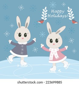 ?hristmas postcard with funny bunnies skating. Vector illustration