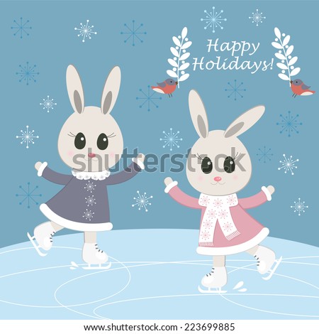 ?hristmas postcard with funny bunnies skating. Vector illustration