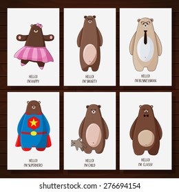 Postcard with funny cartoon hipster bears. Colorful theme for your design