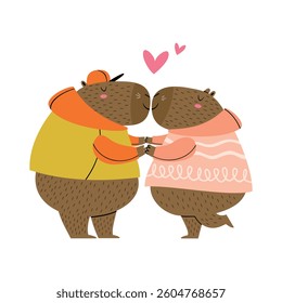 Postcard with funny cute capybaras in love. Vector hand drawn illustration.