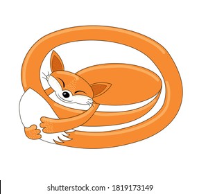 Postal. Se dibuja un gracioso zorro rojo, ella está durmiendo, acurrucada en una pelota y abrazando su cola. Aislado sobre un fondo blanco. Ilustración vectorial de material.