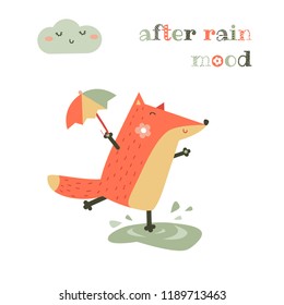Postcard with funny fox, cloud and slogan. Hand drawn vector illustration