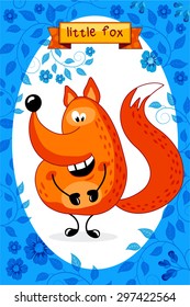 Postcard with funny orange fox on blue floral ornament, vector illustration. 