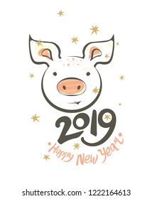 Postcard with funny smiling pig and 2019 Happy New Year. Vector illustration in sketch style. New 2019, Chinese year of the pig.