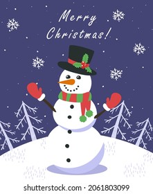 Postcard with a funny snowman. Happy Holidays and New Year card.