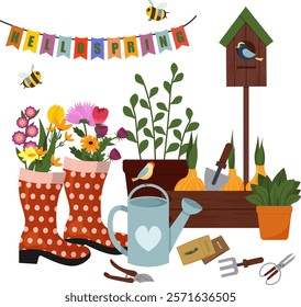 Postcard with gardening tools. Watering can and rubber boots. Bouquets of flowers, plants in boxes and pots. Shovel and garden shears. Birdhouse and birds. Seeds and flower bulbs. Multi-colored flags