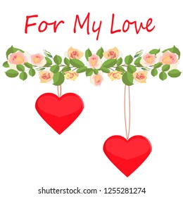 postcard with a garland of delicate roses and two hearts for my love