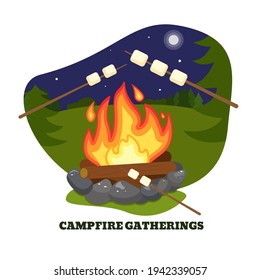 Postcard. Gatherings around the campfire. Vector illustration. Fire, campfire, camp, night, marshmallow, bedtime stories.