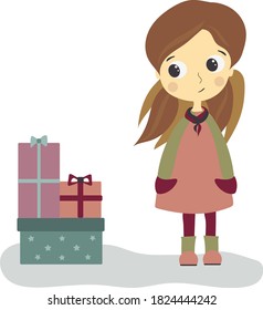 postcard gerl with gift boxes vector