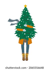 Postcard A girl in a coat and boots carries a Christmas tree in her hands. Festive modern poster for the New Year holidays. Vector.