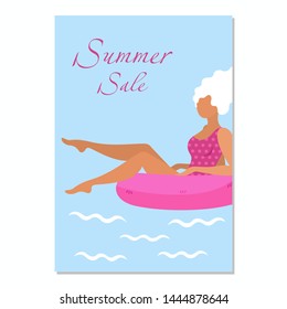 A postcard with a girl floating around with an inflatable circle and an inscription summer sale. Vector illustration