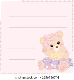 postcard for a girl with a glamorous little bear. Vector graphics