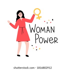 Postcard girl power with woman holding a female venus symbol