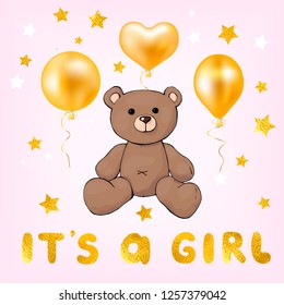 
Postcard It's a girl. Teddy bear on a pink background. Balloons and golden stars. Baby shower. Newborn