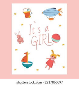 The postcard is a girl with toys. Baby shower.