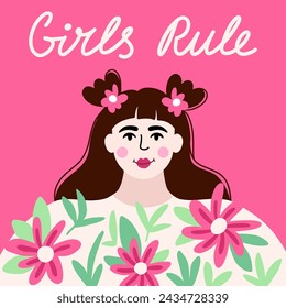 A postcard with a girl in a t-shirt flower and an inscription "Girls rule"