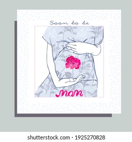 Postcard going be mom with pregnant woman carrying flower