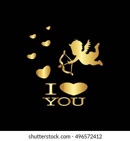 Postcard.
Gold patterns on a black background. A heart of gold and a gold Cupid
The words "I love you"