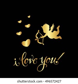 Postcard.
Gold patterns on a black background. A heart of gold and a gold Cupid 
The words "I love you"