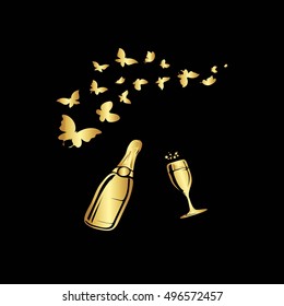 Postcard.
Gold patterns on a black background.Gold butterfly and a gold bottle of champagne.